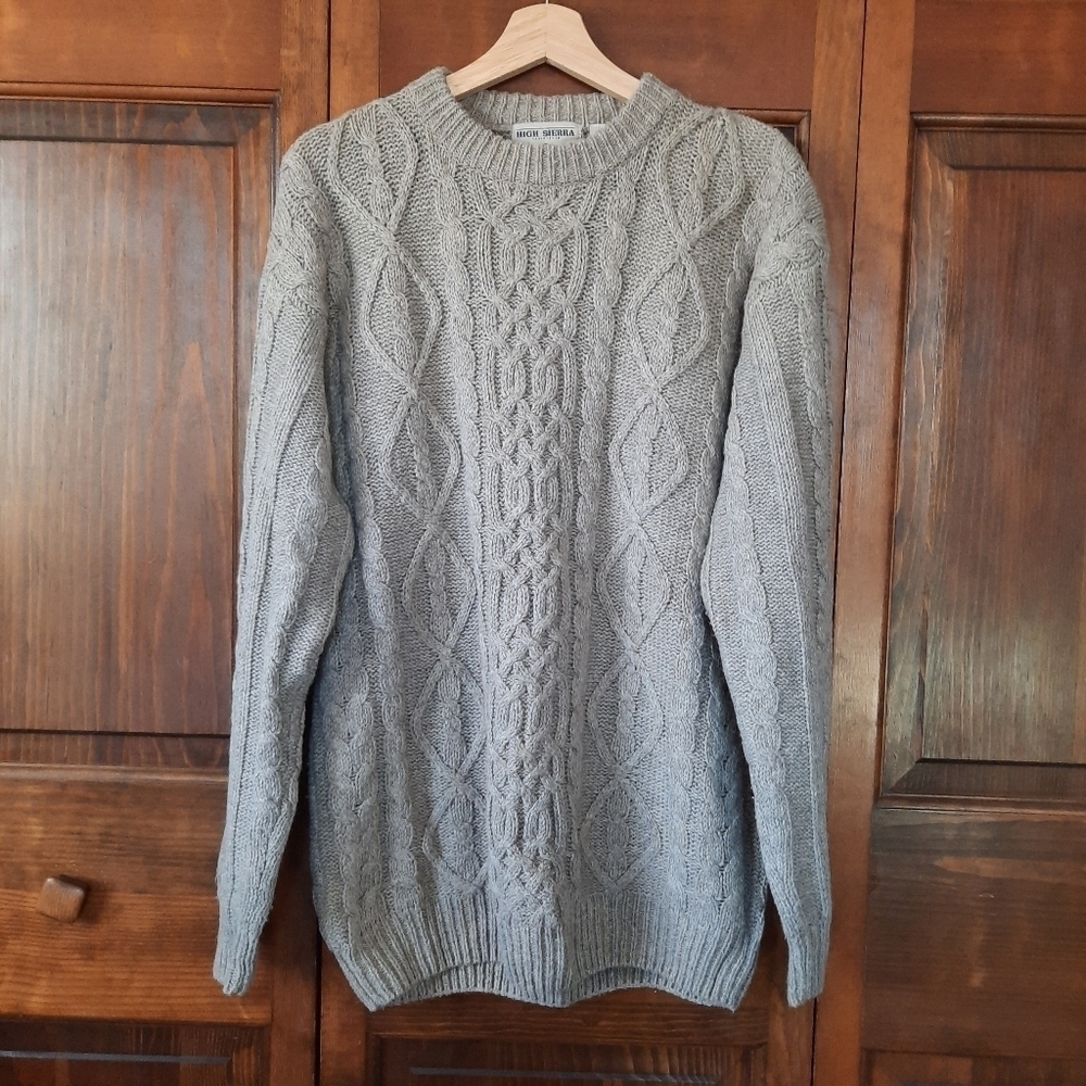 Vintage High Sierra Wool Blend Tan Chunky Cable Knit Crewneck Sweater Size M